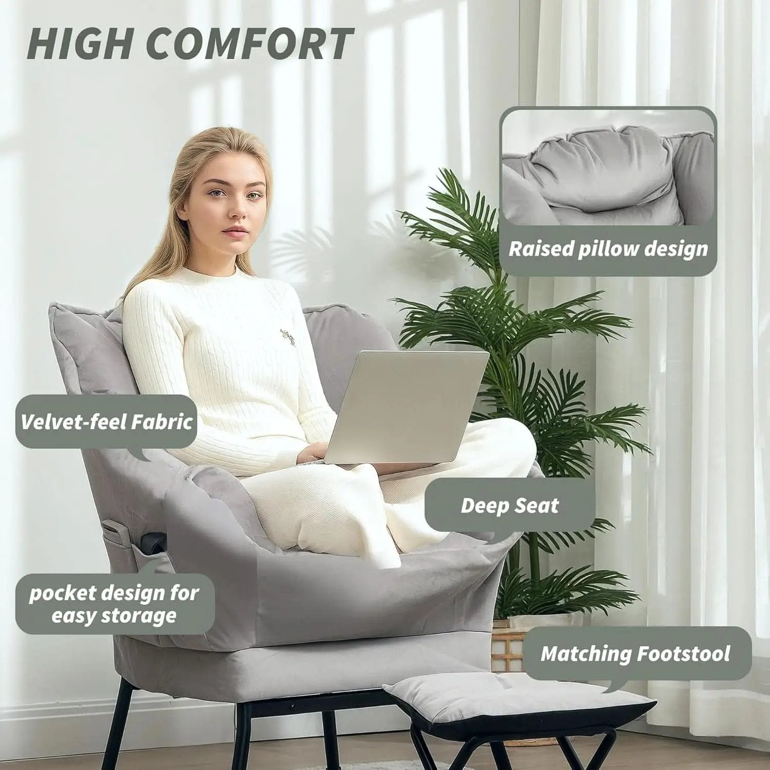 Fabric Lounge Chair With Ottoman Light Gray Overstuffed Padding from PriceLows™
