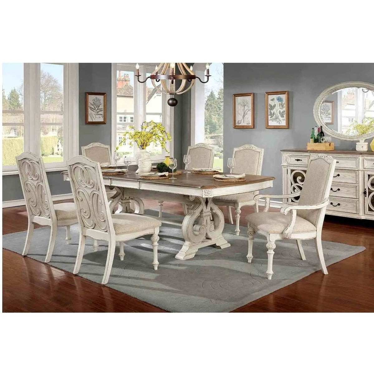 Rustic Dining Set | 96 Inch Table | Upholstered Chairs | Intricate Wood Inlay Details