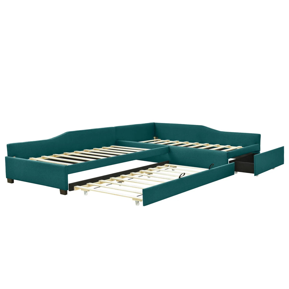 Upholstered Double Daybed | Trundle And Drawer | Two Twin Beds | 120 Inch Length