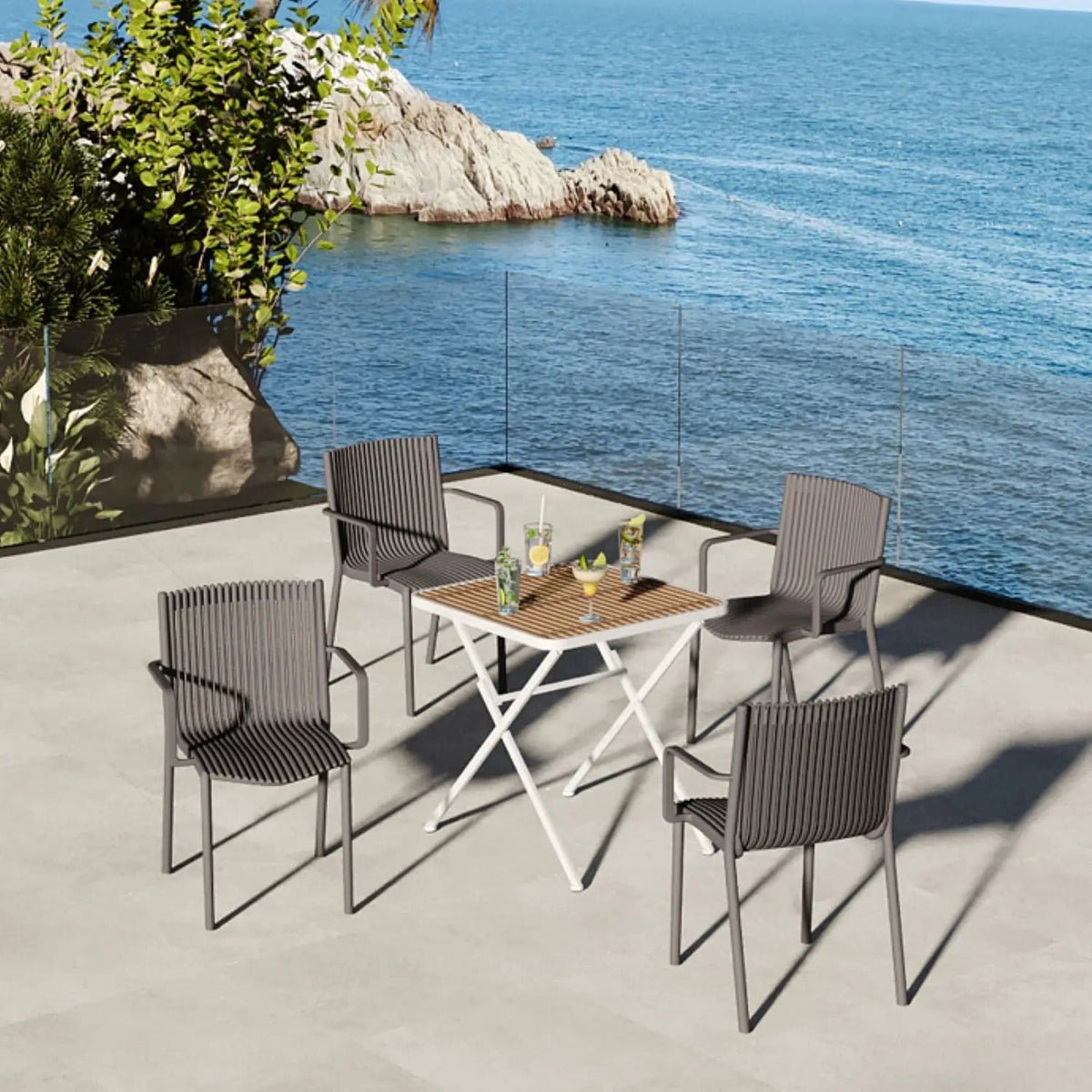 4 Modern Stackable Plastic Armchair Matched With Folding Square Table 5 Piece | 5 Piece Outdoor Set | Metal | Outdoor Living