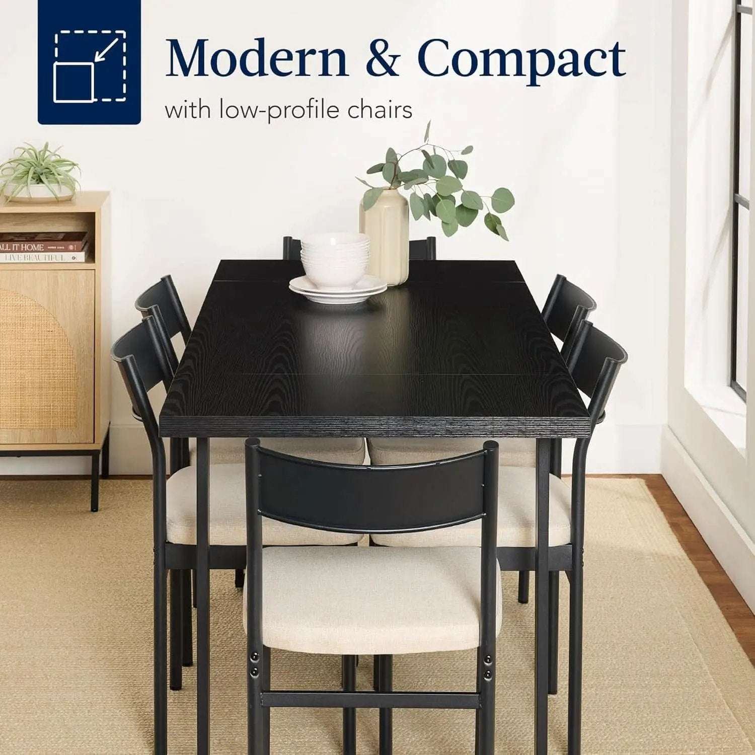 Six Seat Contemporary Dining Set Black Upholstered from PriceLows™