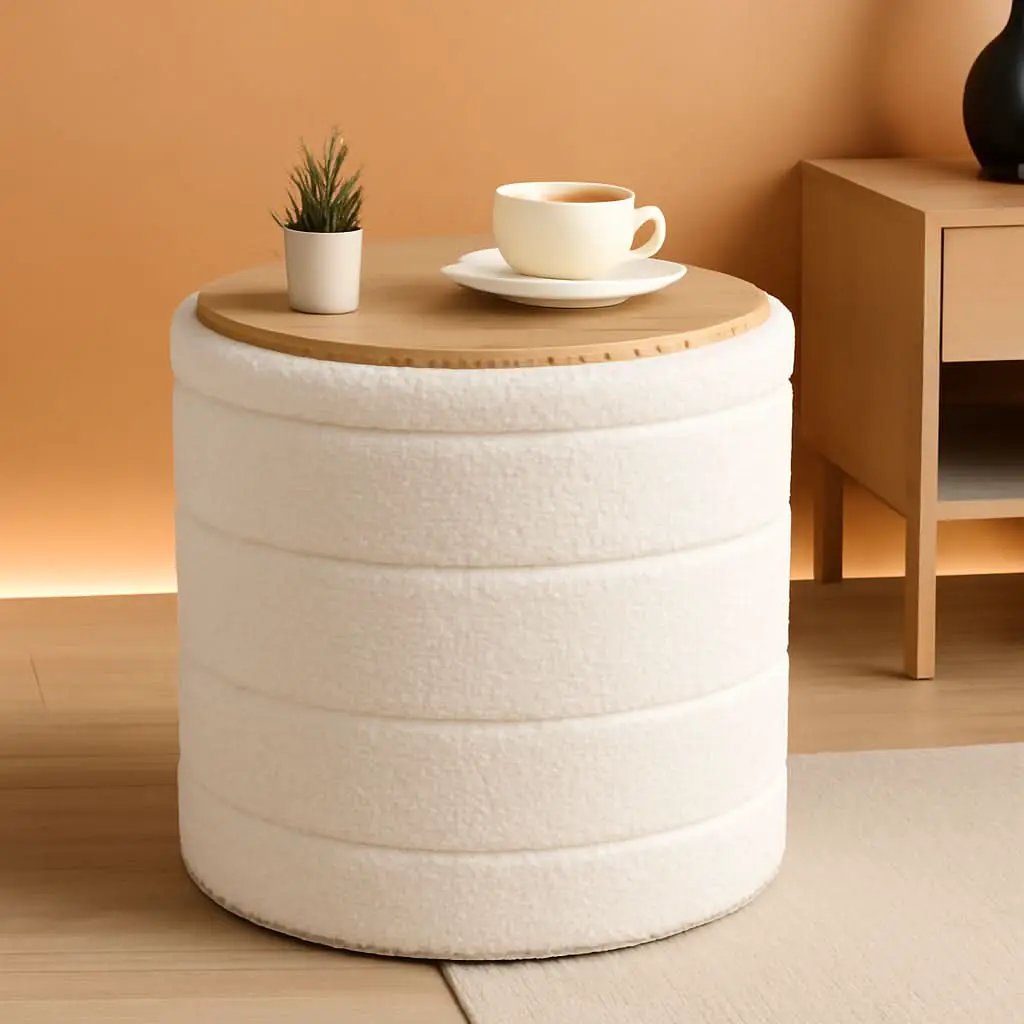 Round Storage Ottoman With Tray White VelvetFabric from PriceLows™