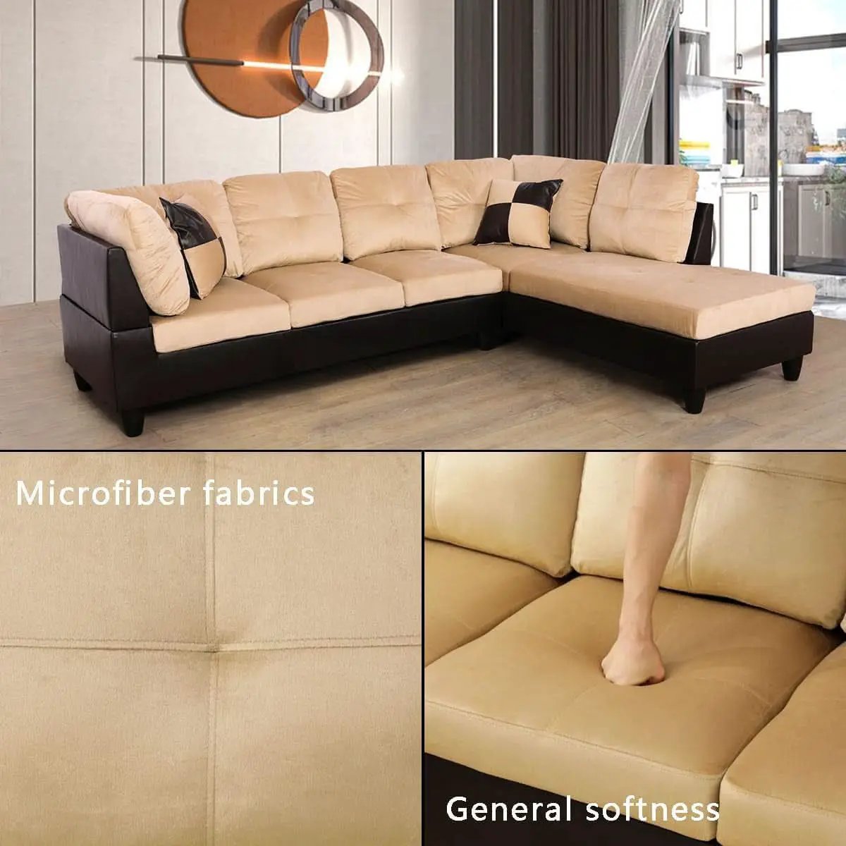 2 Piece L Shaped Sectional Sofa Set Beige Microfiber Right Hand Facing Ideal For Living Room from PriceLows™