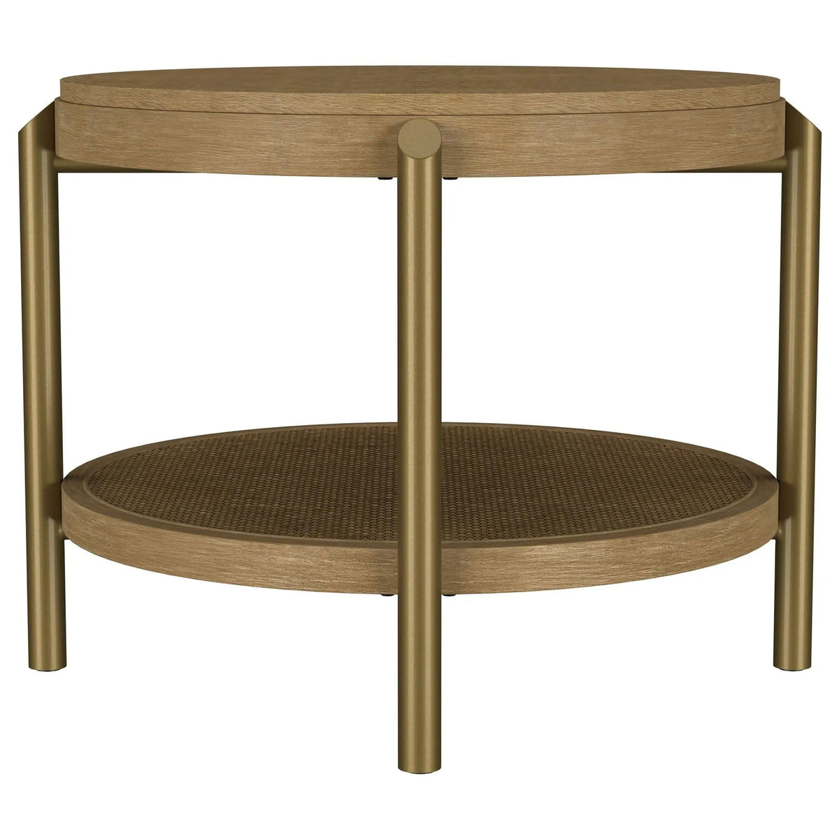 Arini Round End Side Table With Storage Shelf Sand Wash | 26.25 x 26.25 x 19.75 in | Rattan & Metal | Living Room