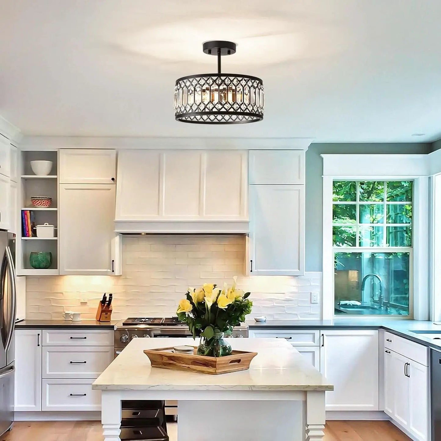 Crystal Black Three Light Semi Flush Mount Ceiling Light from PriceLows™