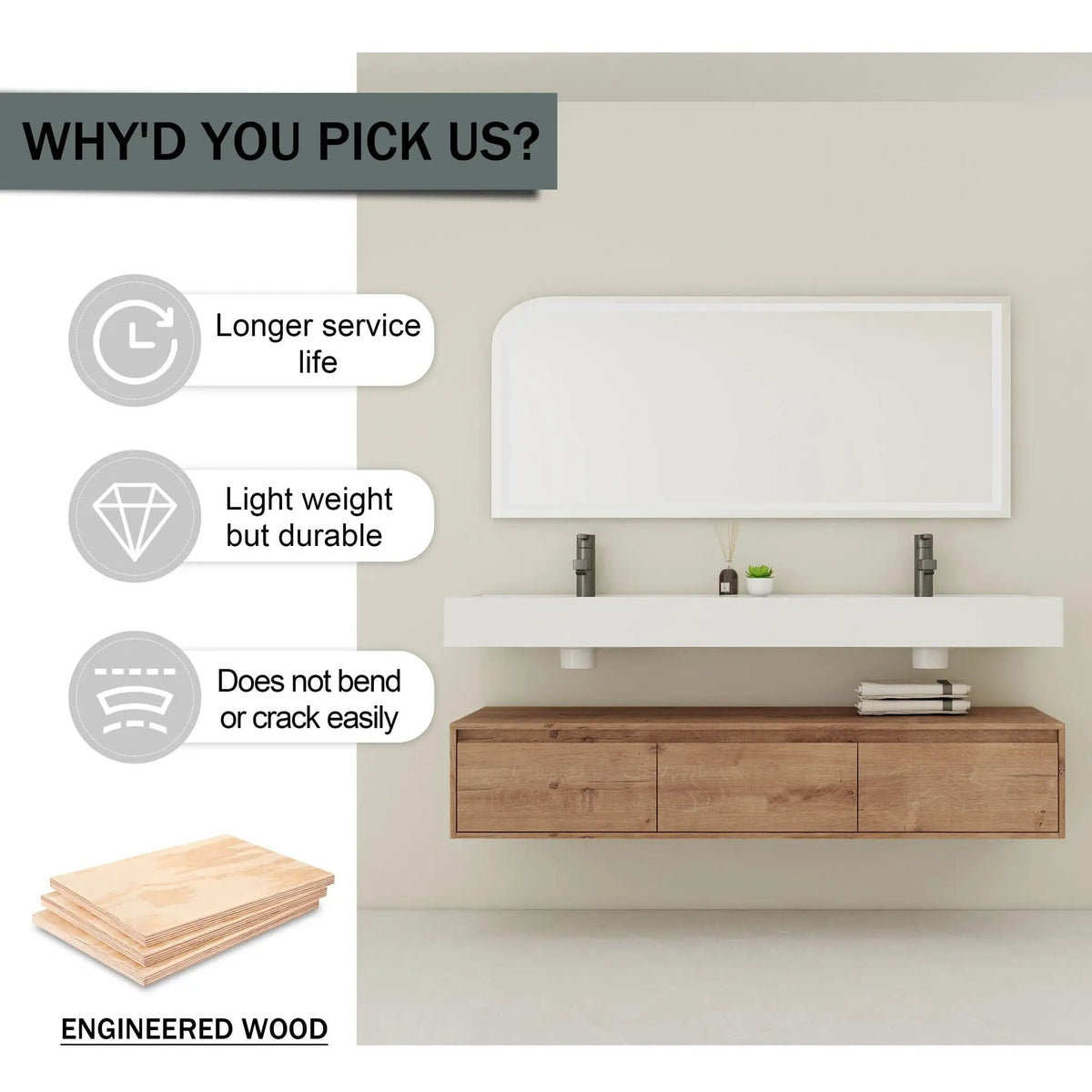 Contemporary Wall Mounted Bathroom Vanity With Dual Resin Sink And Soft Close Drawer | 2 Pieces | Plywood & Resin | Bathroom