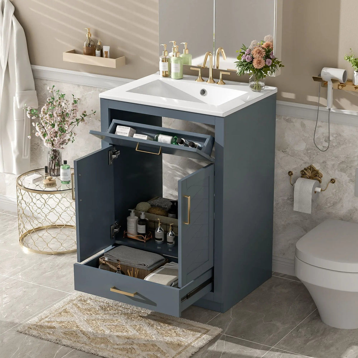 24 Inch Modern Vanity | Integrated Ceramic Sink | 2 Door Cabinet | Tip-Out Drawer