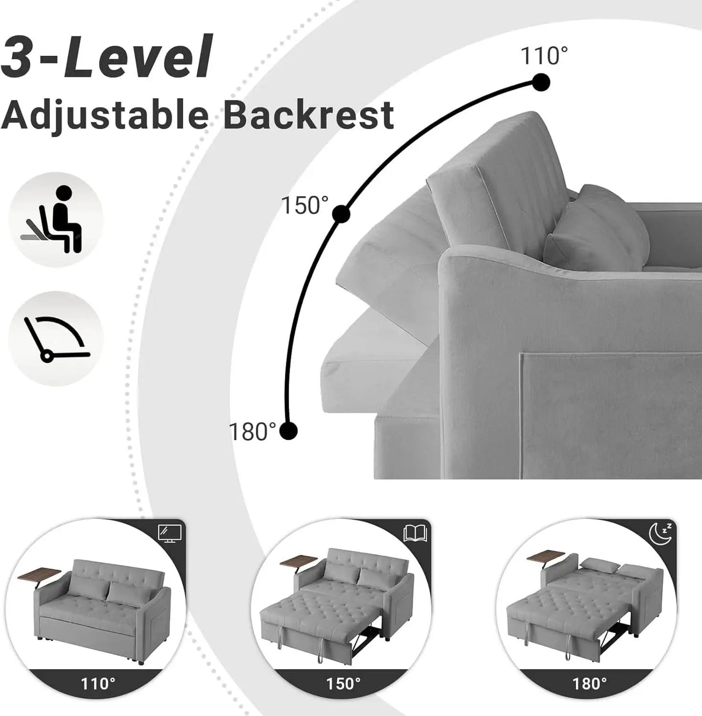Grey Adjustable Backrest Convertible Sleeper Sofa Bed from PriceLows™