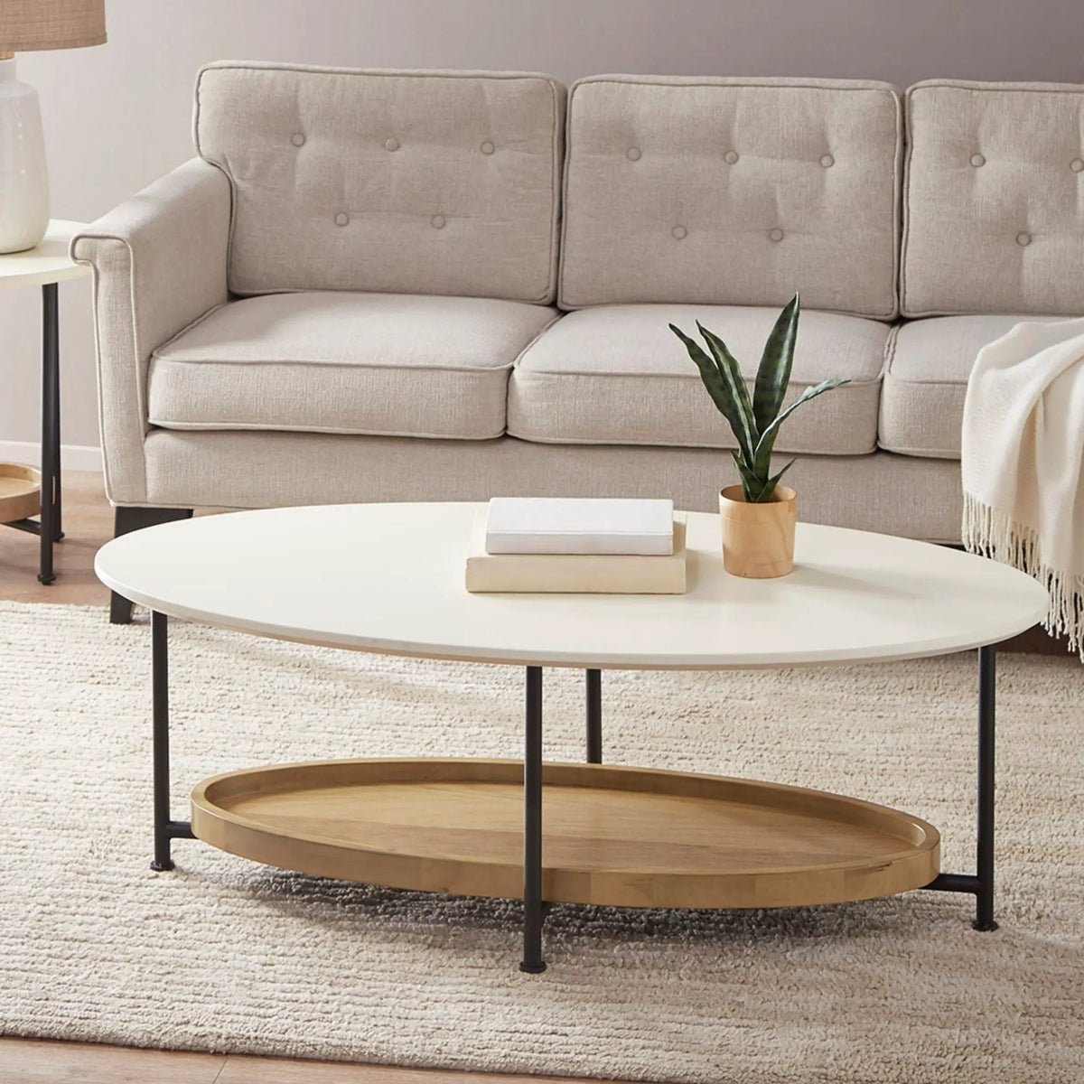 Oval Coffee Table | White And Natural | White MDF Top | Black Metal Legs