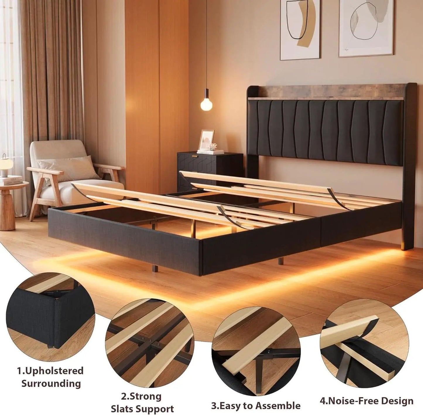 Black Floating Full Bed Frame With Storage Headboard from PriceLows™
