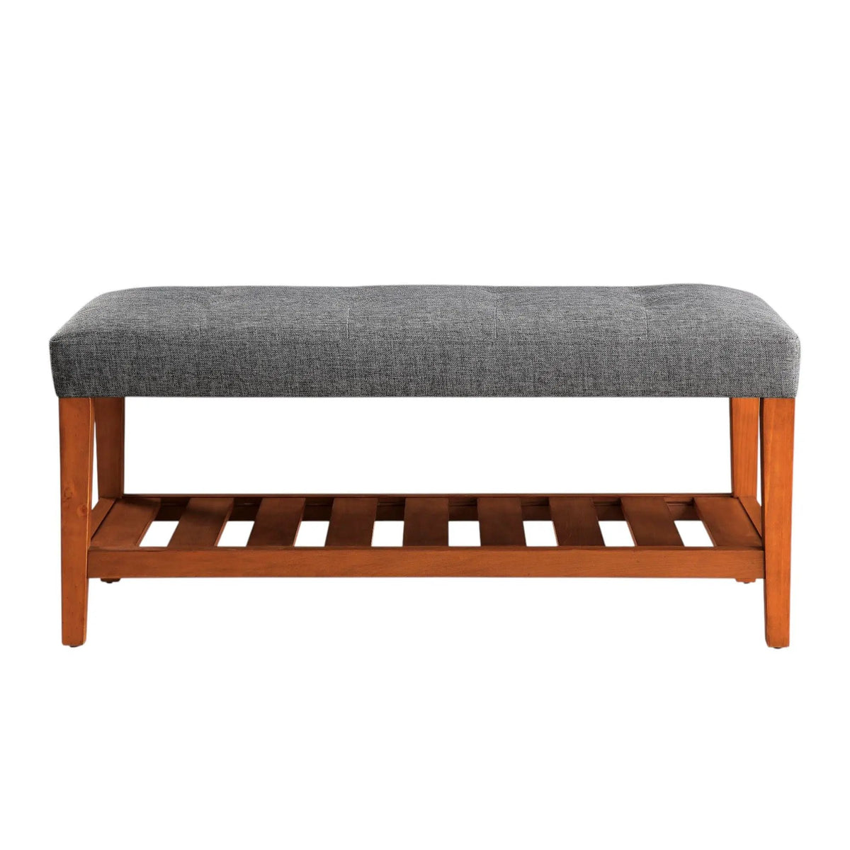 Charla Upholstered Bench | Tufted Fabric Seat | Oak Color Scheme | Armless Rectangular Design