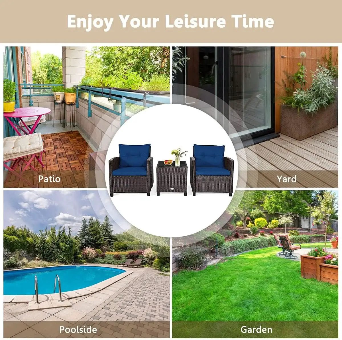 Three Piece Patio Furniture Set With Washable Cushions And Tempered Glass Tabletop Navy Blue from PriceLows™