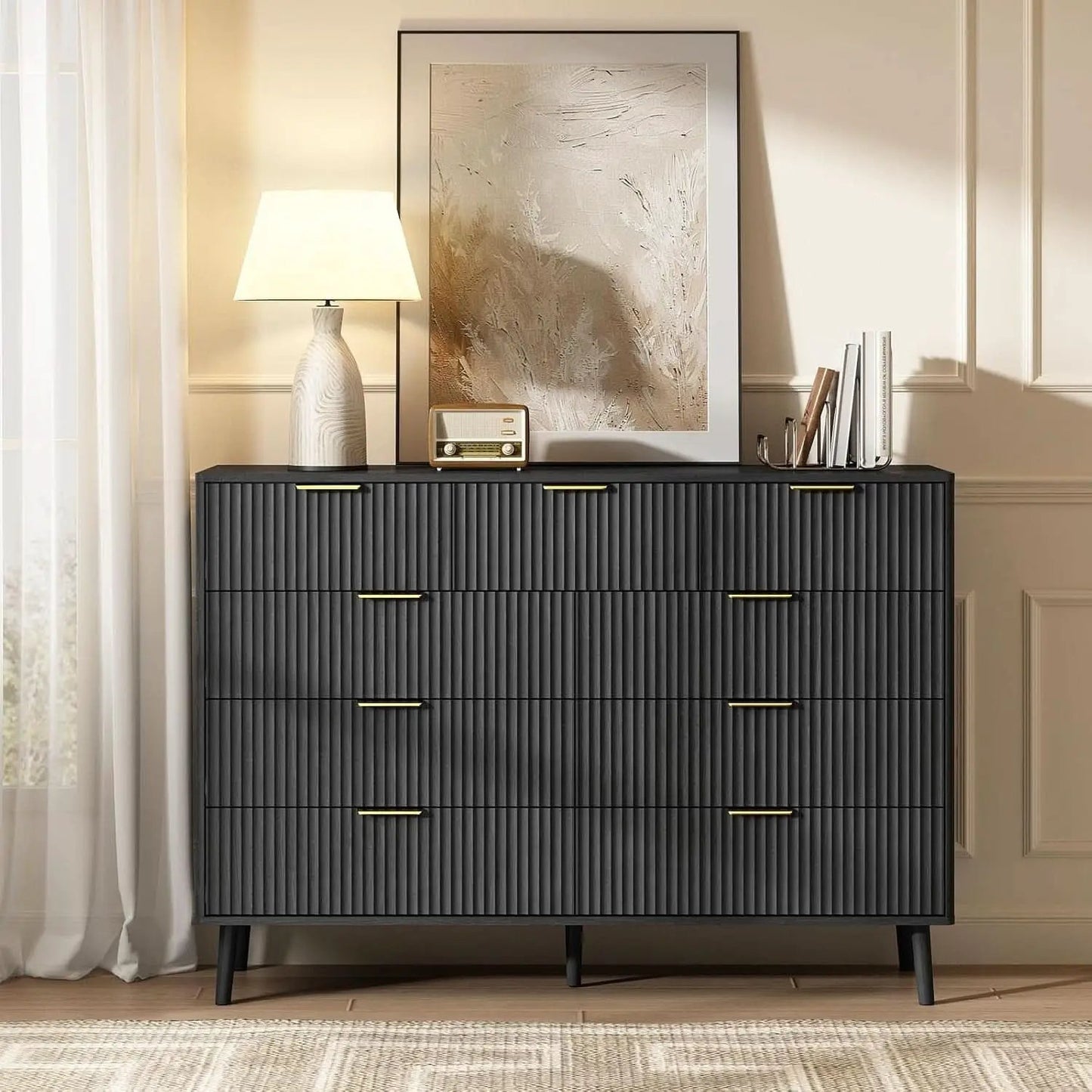 Fluted Nine Drawer Dresser 55 Inch Matte Black With Gold Handles from PriceLows™