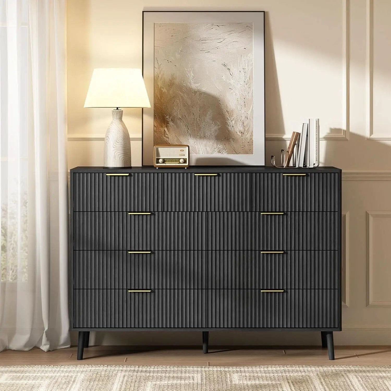 Fluted Nine Drawer Dresser 55 Inch Matte Black With Gold Handles from PriceLows™