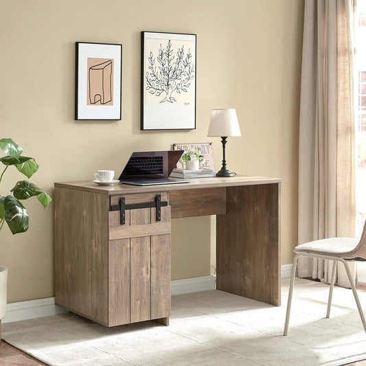 Home Office Desk Hazelnut One Cabinet Three Shelves Faux Barn Door On Metal Euro | 23.25 x 47.25 x 30 in | Metal | Brown
