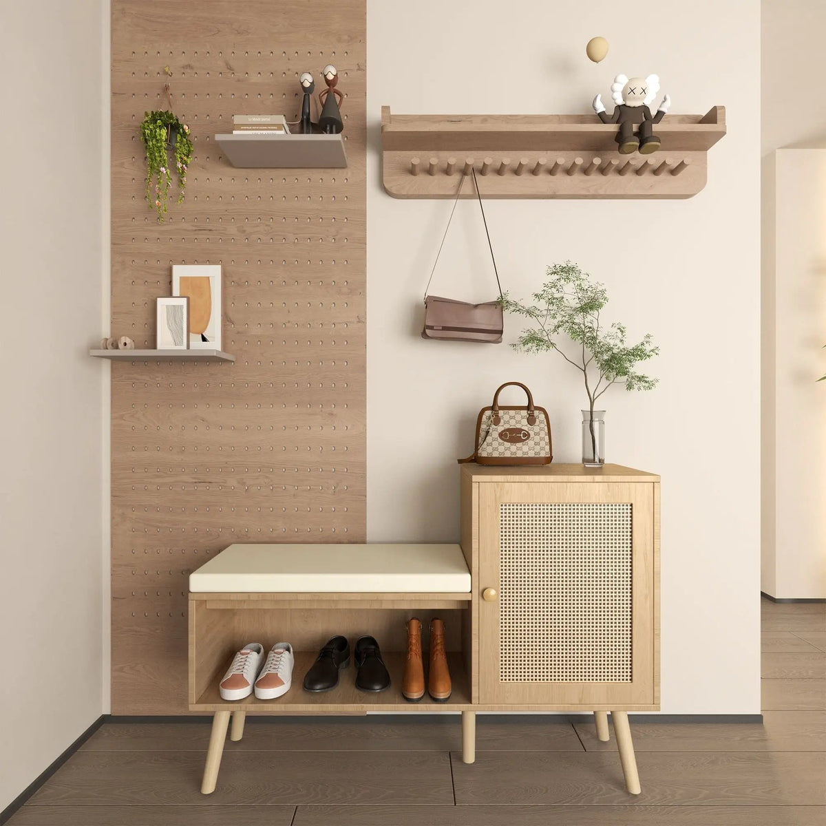 Shoe Storage Bench | Adjustable Shelves | Washable Seat | Natural Rattan