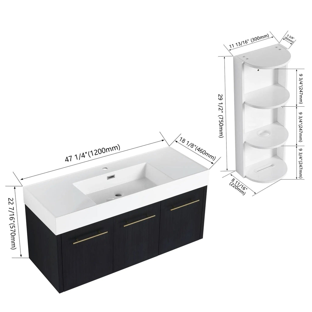 Modern Wall Mounted Bathroom Vanity With Thick Edge Resin Sink And Storage Rack | 3 Pieces | Stainless Steel & Plywood | Bathroom