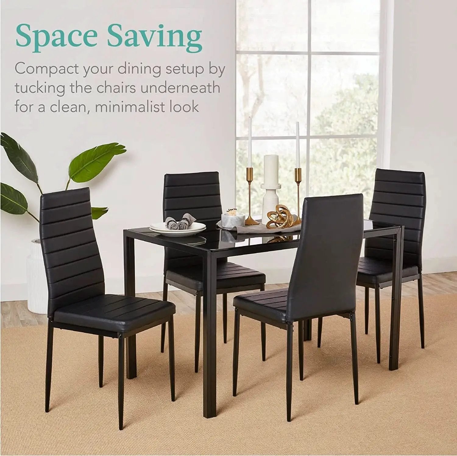 Glass Top Dining Table Set With Steel Frame Leather Chairs from PriceLows™