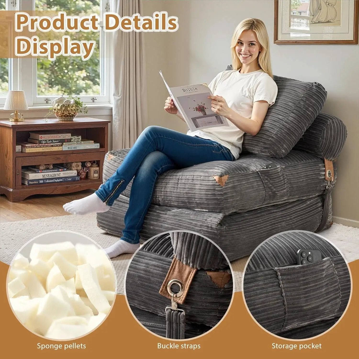 75Inch Grey Foldable Convertible Sofa Bed SleeperCouch from PriceLows™