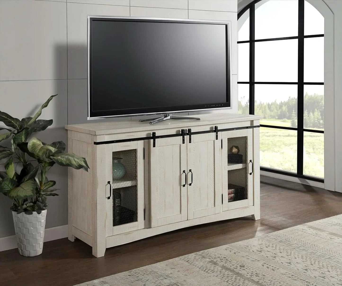 65 Inch Solid Wood TV Stand In Antique White With Storage from PriceLows™