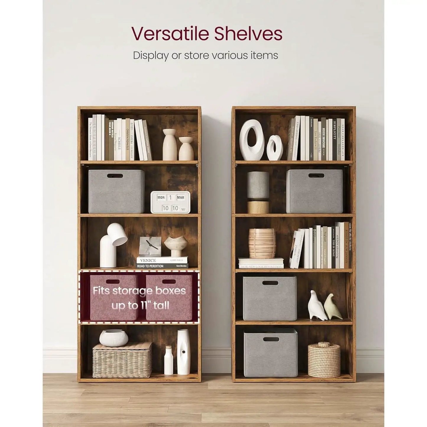 Rustic Brown Bookshelf Five Tier Adjustable Shelves from PriceLows™