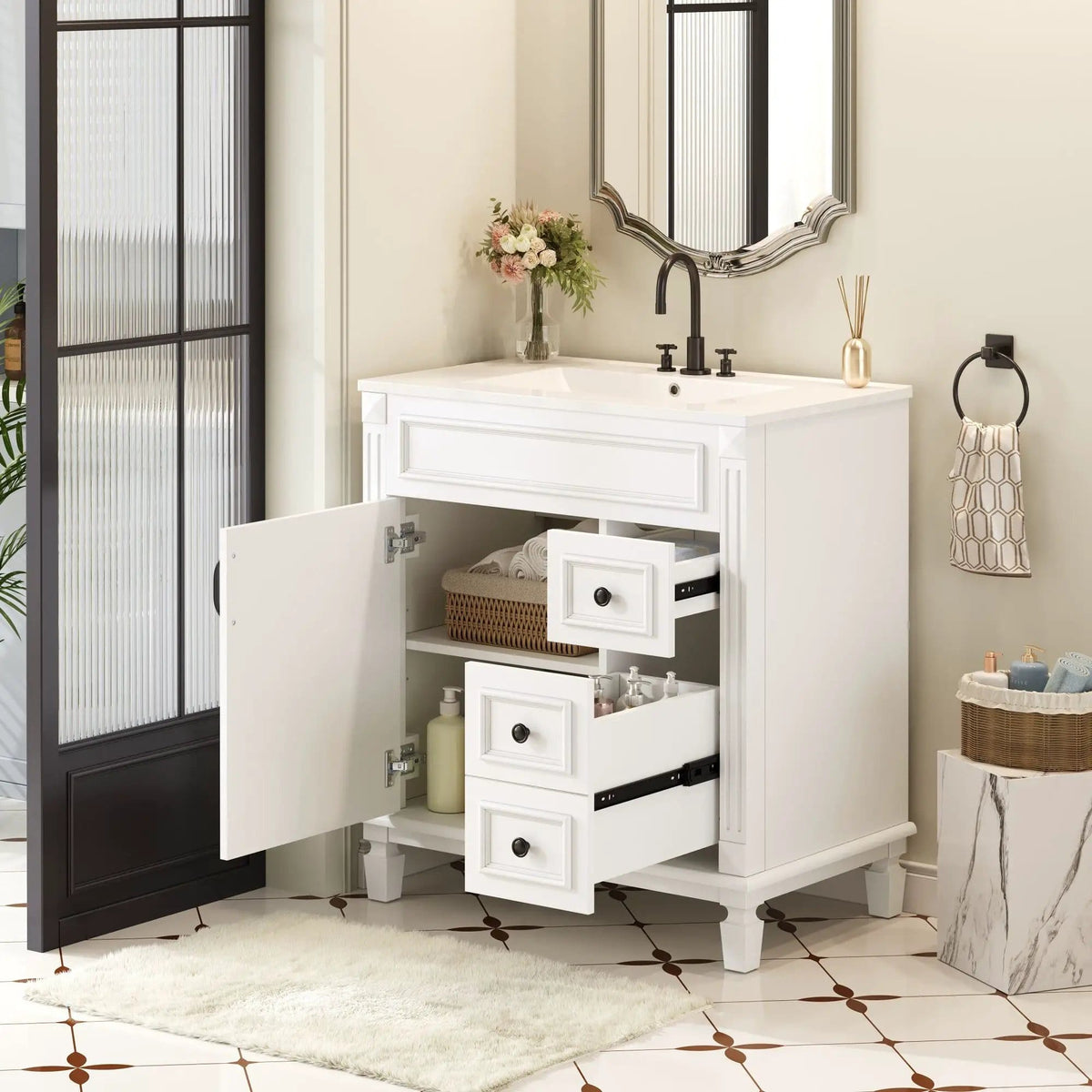 Bathroom Vanity With Sink, Cabinet With 2 Drawers And Adjustable Shelf | 2 Pieces | Solid Wood & Iron | Bathroom