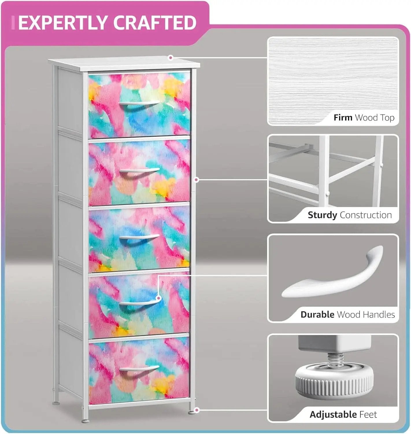 Kids Dresser Five Drawer Storage Chest With Fabric Drawers from PriceLows™