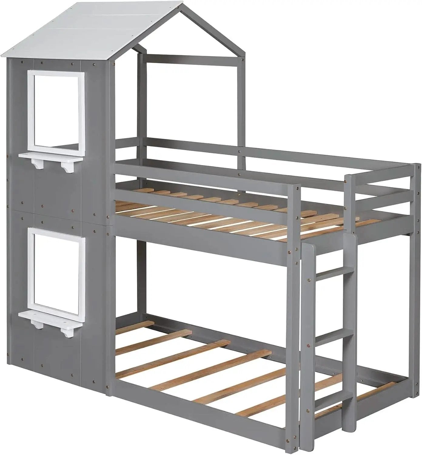 Twin Over Twin House Bunk Bed With Roof And Ladders Grey from PriceLows™