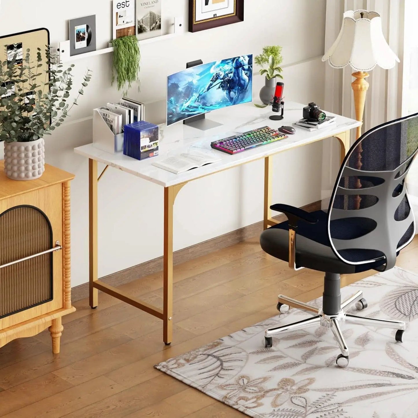 47 Inch Computer Desk Gold Metal Frame Modern Home Office Desk from PriceLows™