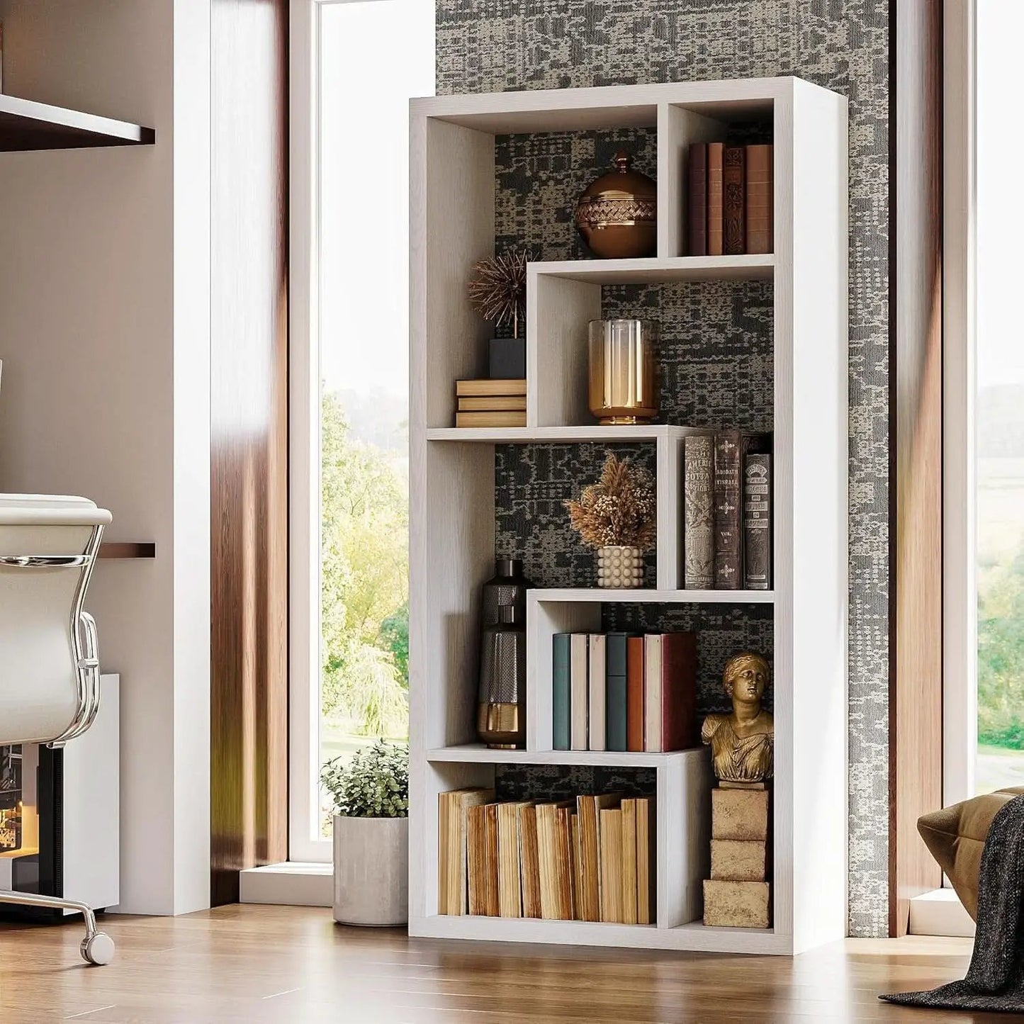 Geometric 6 Shelf Industrial Bookcase White Tall Storage from PriceLows™