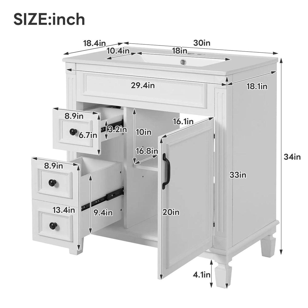 Bathroom Vanity With Sink, Cabinet With 2 Drawers And Adjustable Shelf | 2 Pieces | Solid Wood & Iron | Bathroom