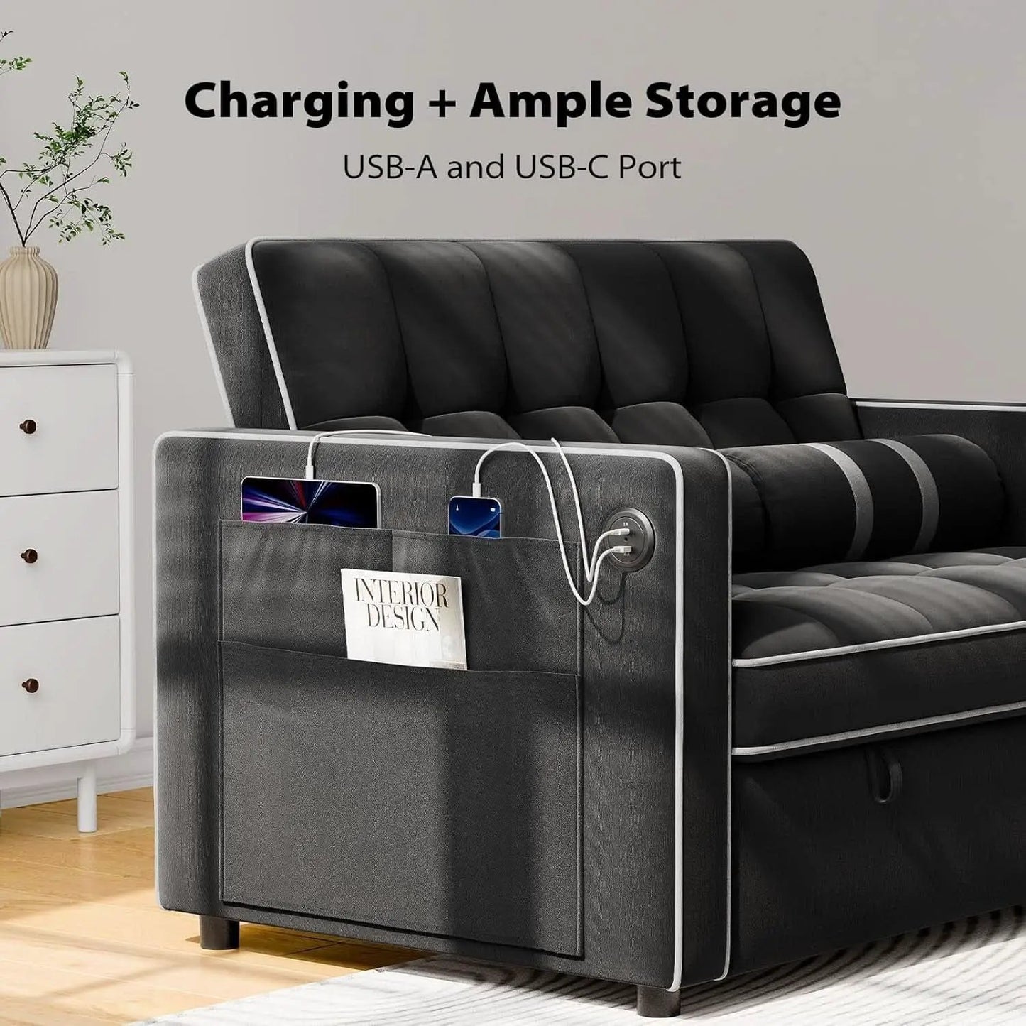 Charcoal Velvet Multifunctional Sleeper Sofa Bed USB from PriceLows™