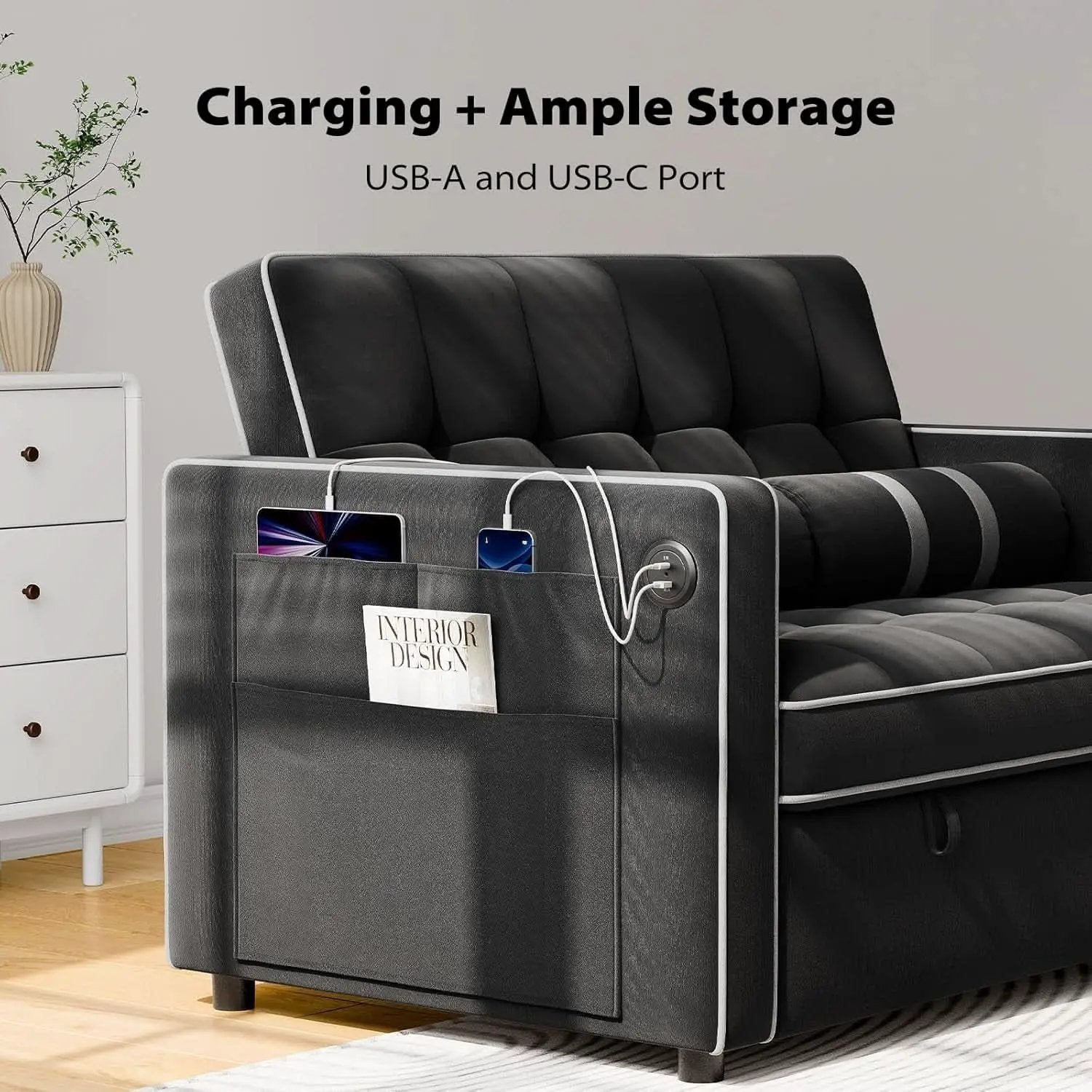 Charcoal Velvet Multifunctional Sleeper Sofa Bed USB from PriceLows™