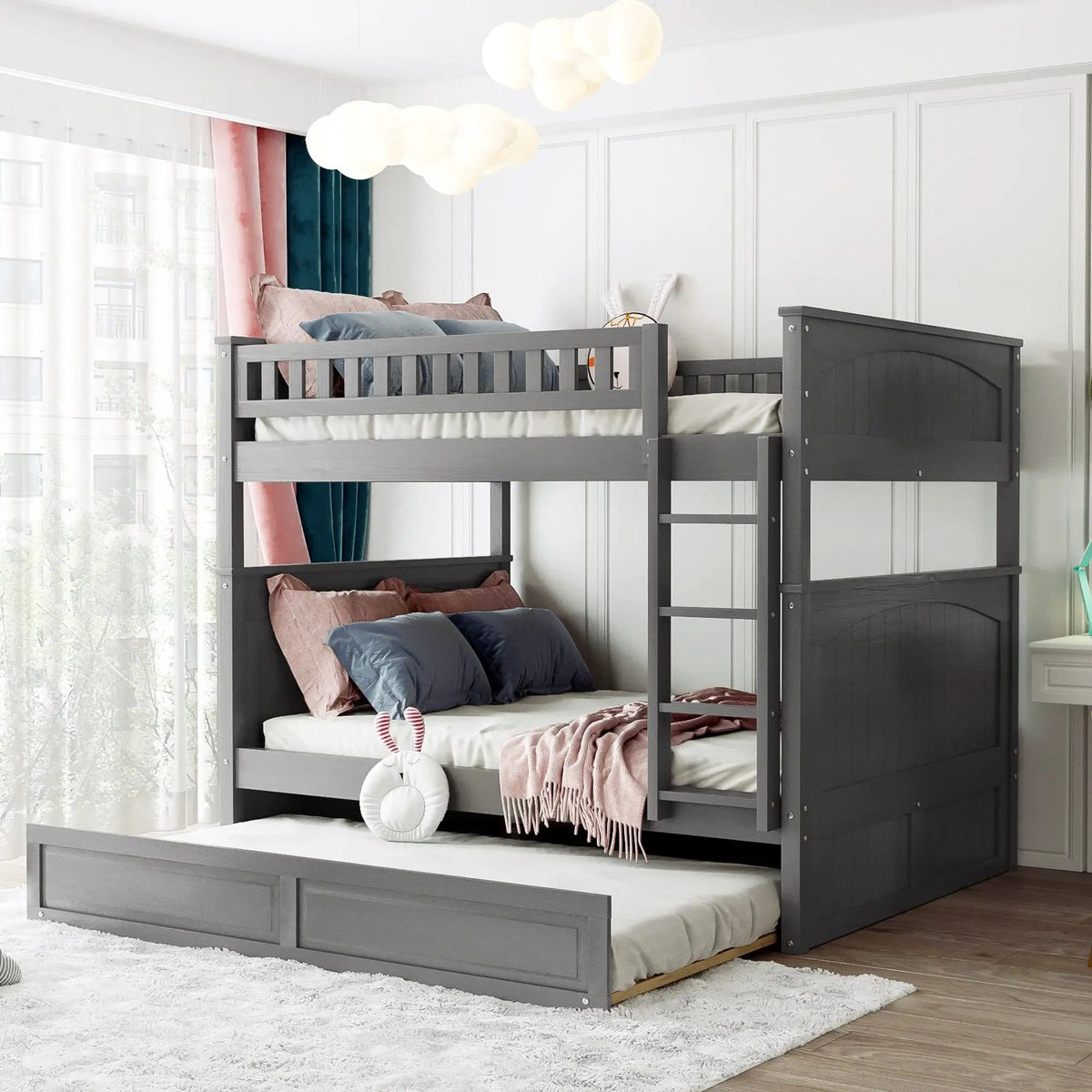 Bunk Bed With Twin Size Trundle, Guardrails | 79.1 x 58.4 x 65.6 in | Pine Wood & Plywood | Bedroom