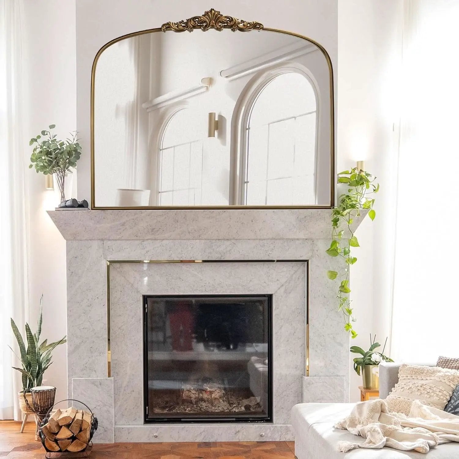 Vintage Gold Mirror 36 By 30 Inch Arched Metal Frame from PriceLows™