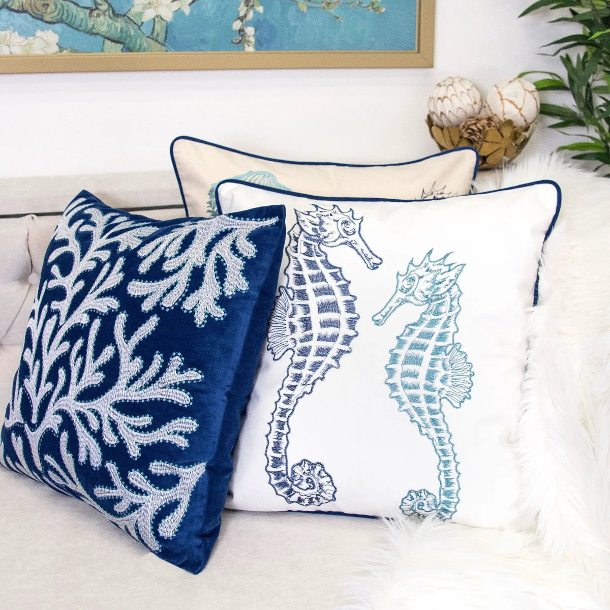Seahorses Pillow Cover | 20x20 Inch | Matching Back | Hidden Zipper