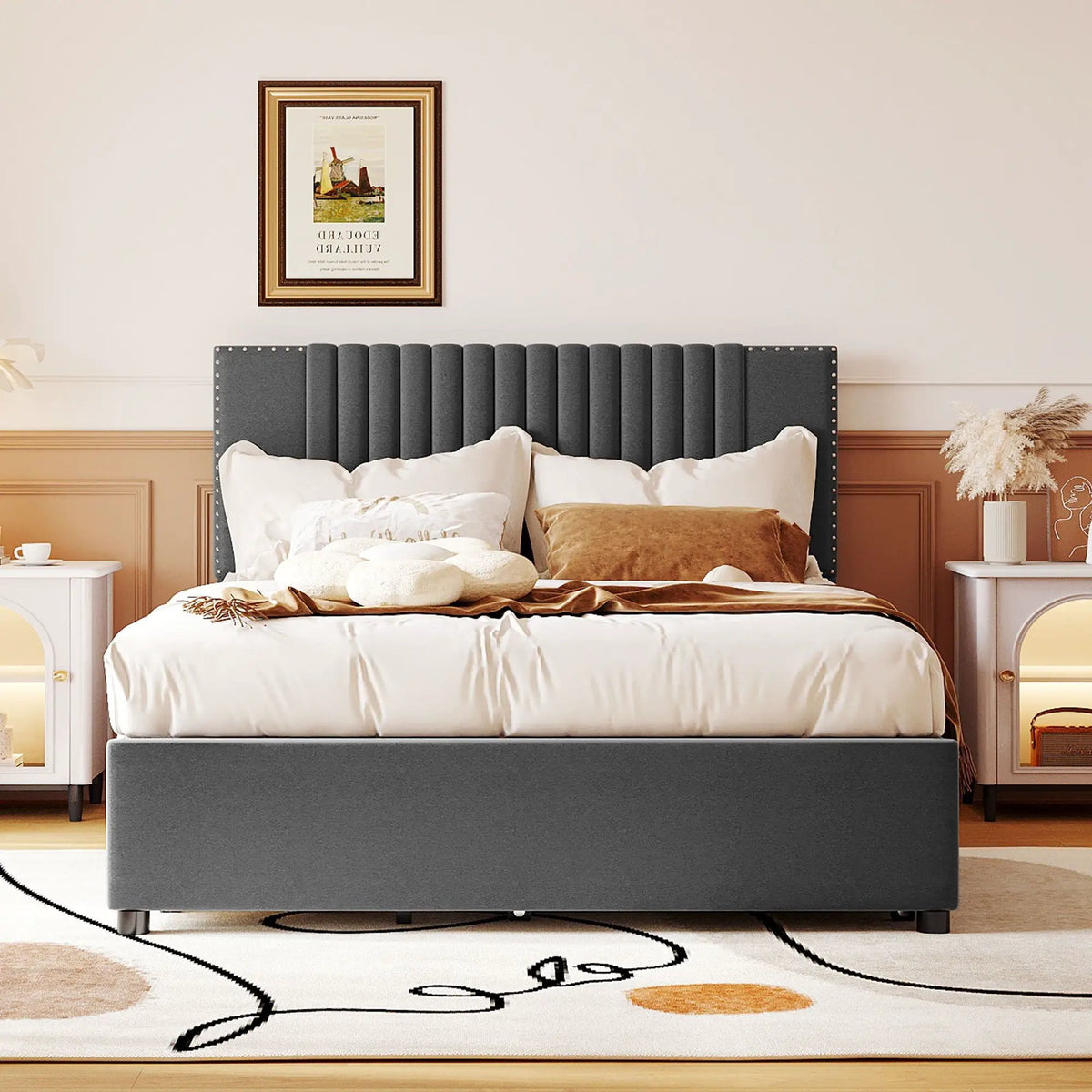 Upholstered Platform Bed | Drawers | Classic Headboard Design | Thick Foam Fill