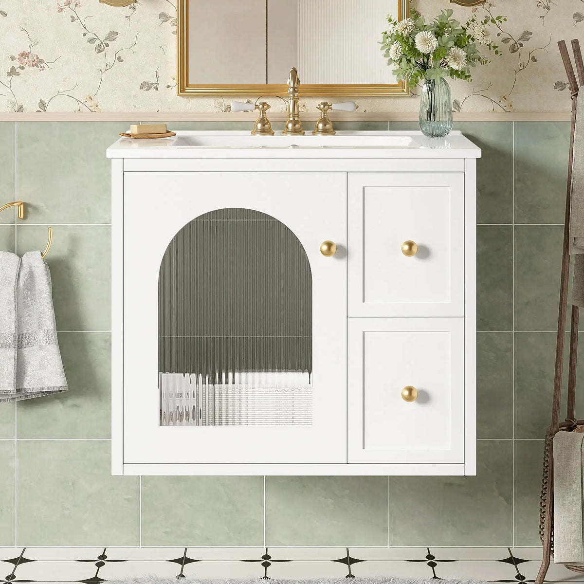 Wall-Mounted Bathroom Vanity Set | Sink Included | 2 Drawers | Soft-Close Glass Door Cabinet