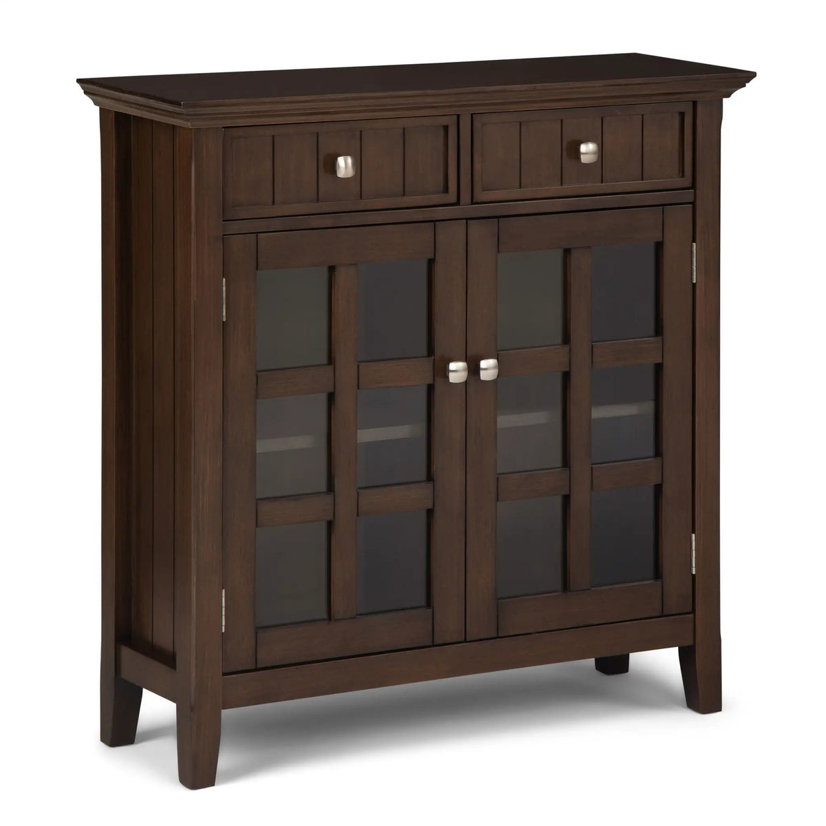 Acadian Entryway Storage Cabinet | Handcrafted Solid Wood | Two Drawers | Tempered Glass Doors