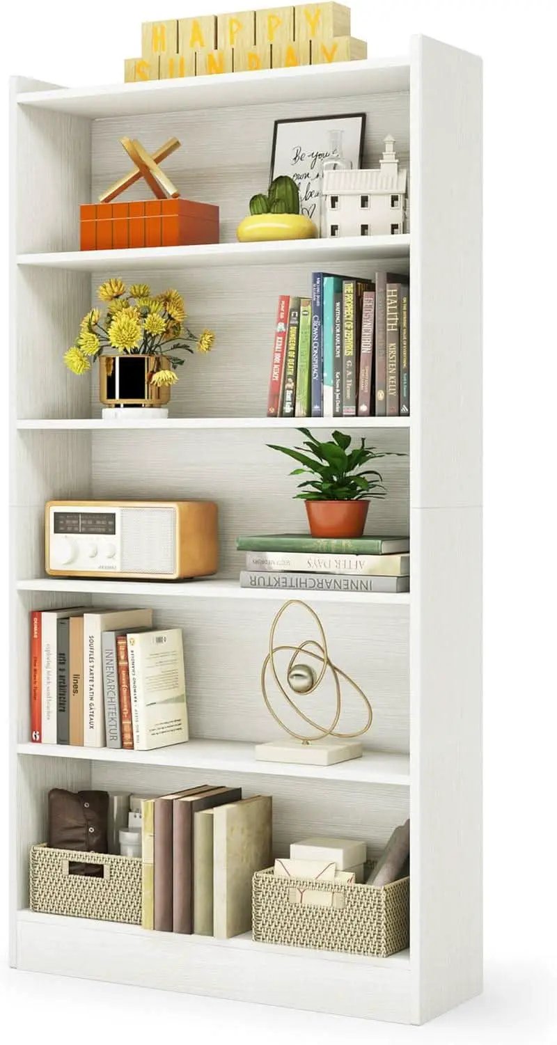 Tall White Six Tier Bookcase 72 Inches Contemporary Wood from PriceLows™