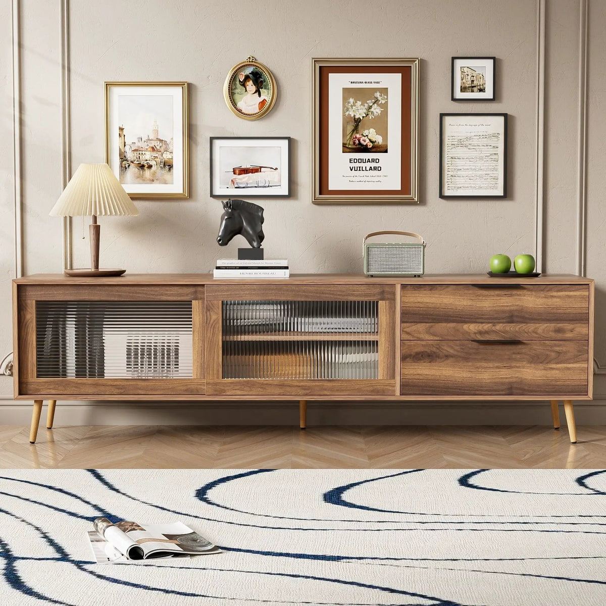 Walnut TV Stand | Media Console | 2 Doors 2 Drawers | Solid Wood Legs