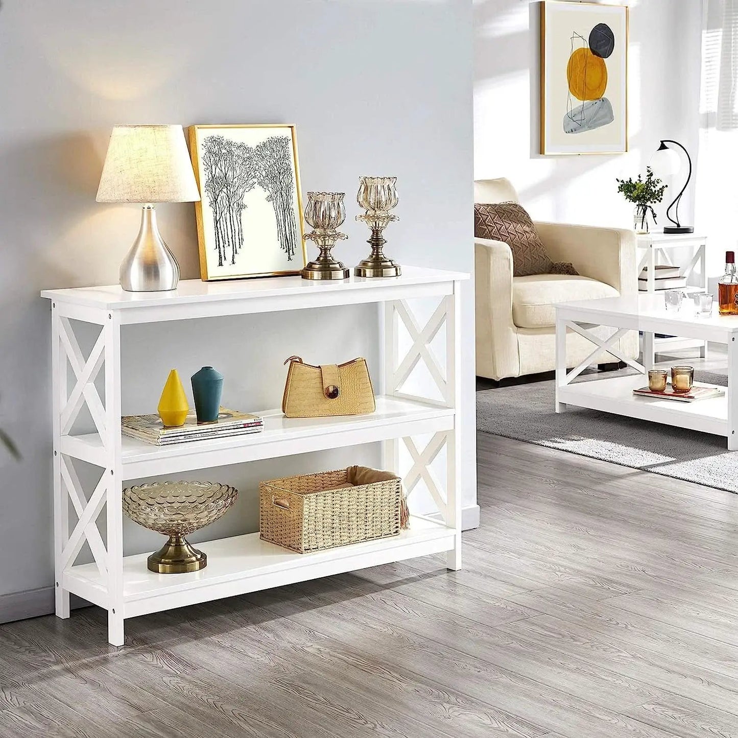 White Three Tier Console Table With Storage Shelves from PriceLows™