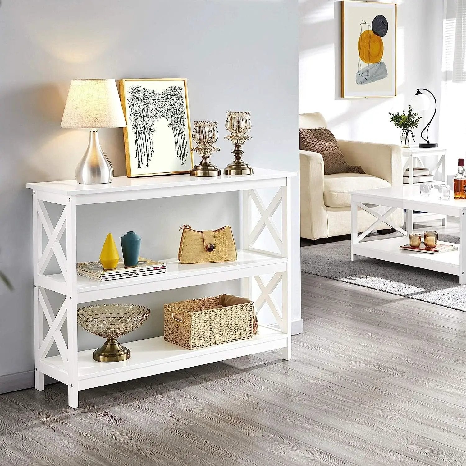 White Three Tier Console Table With Storage Shelves from PriceLows™