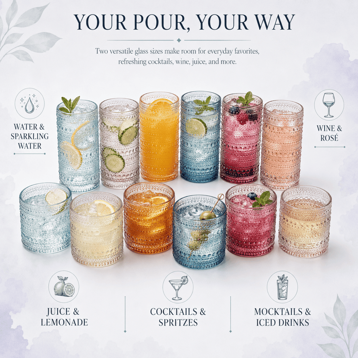Tonal Hobnail Highball & Lowball Glassware | 12.17 oz | Set of 12 | Entertaining