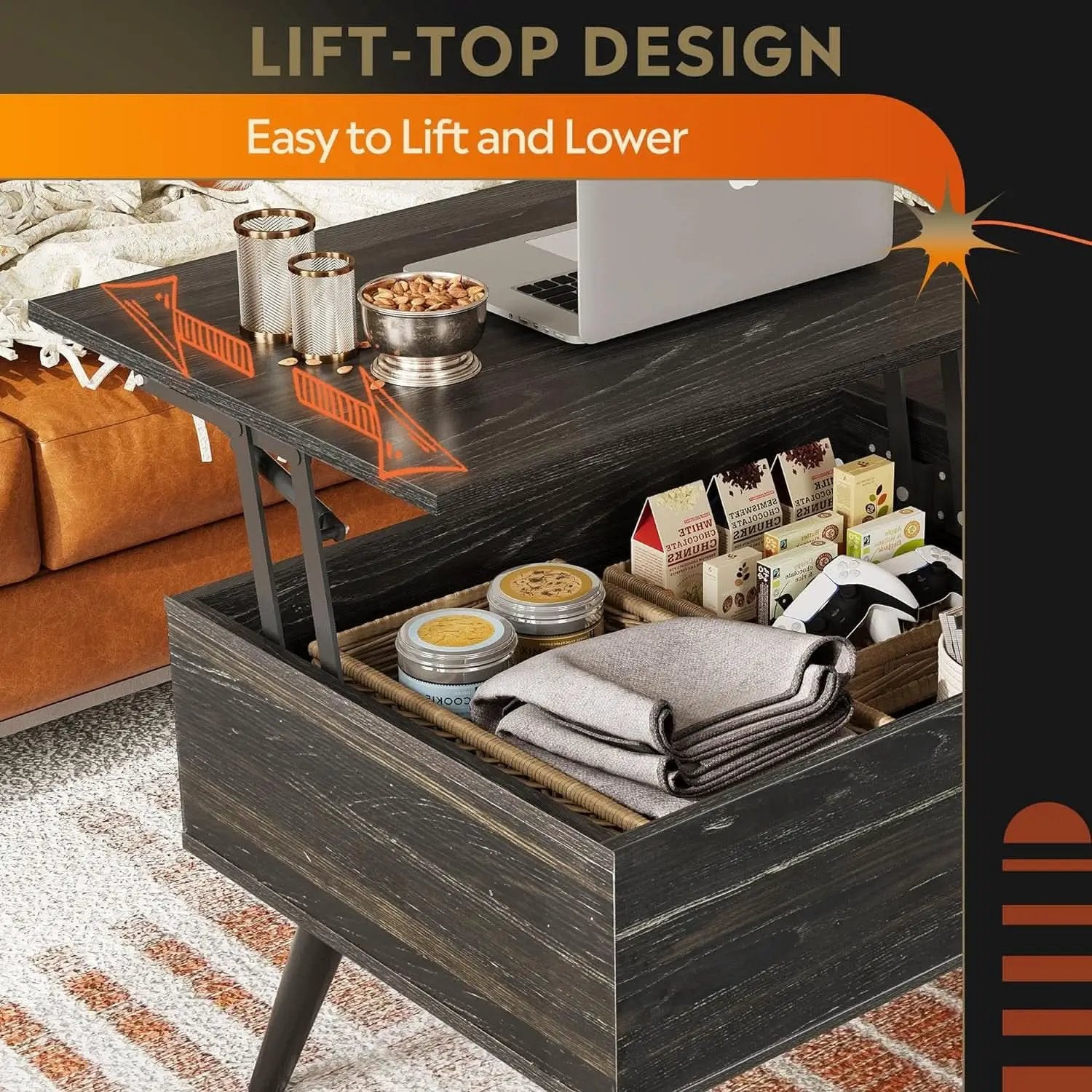 Wood Lift Top Coffee Table Hidden Compartment Charcoal from PriceLows™