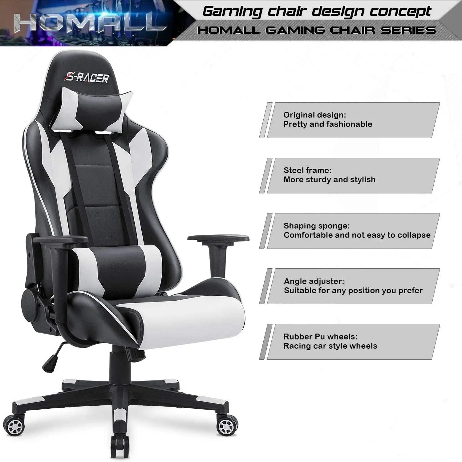 White Leather Ergonomic Gaming Chair With Lumbar Support from PriceLows™