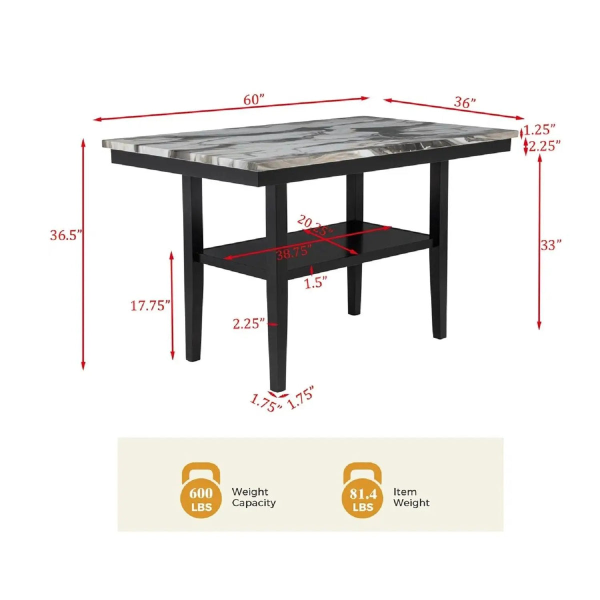 Counter Dining Table | 30.5 Inch Height | Faux Marble Top | Black