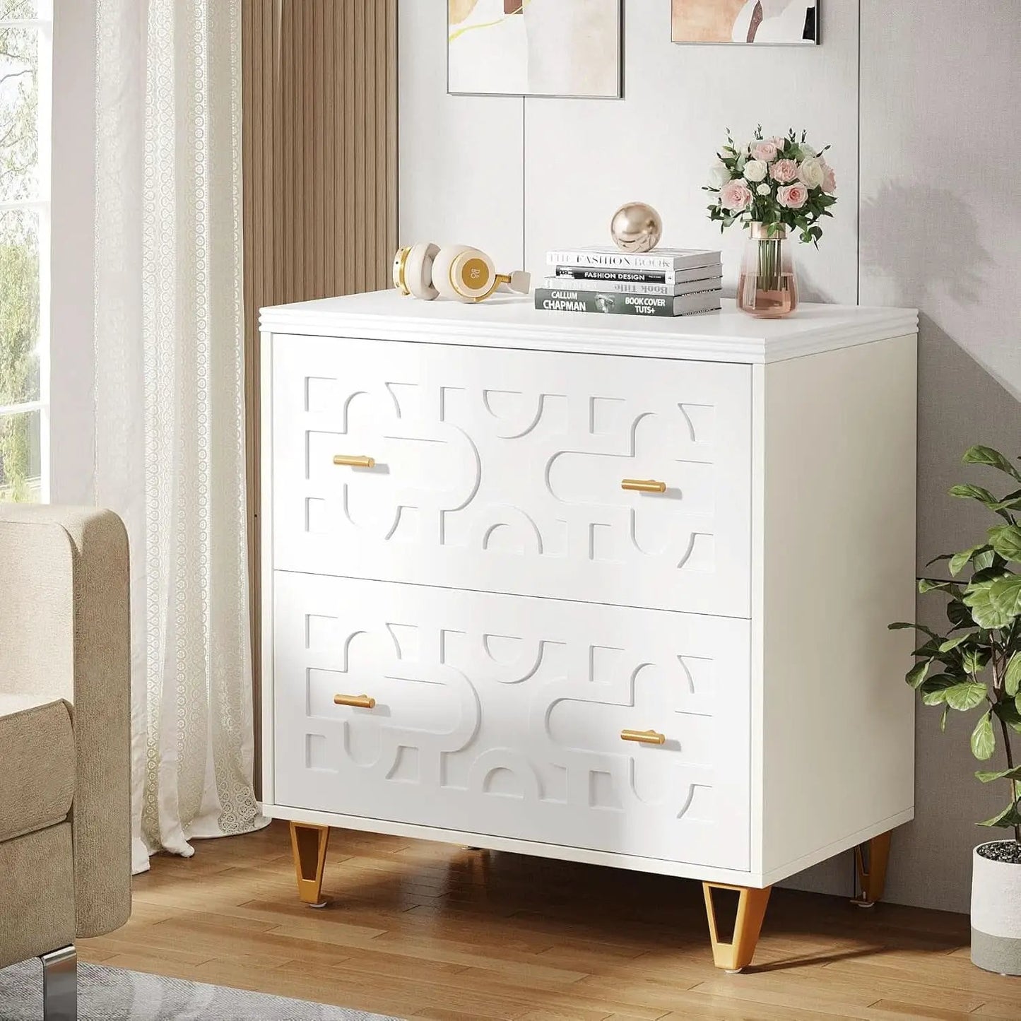 Two Drawer Lateral File Cabinet White And Gold For Legal Letter A4 Files Printer Stand Home Office from PriceLows™