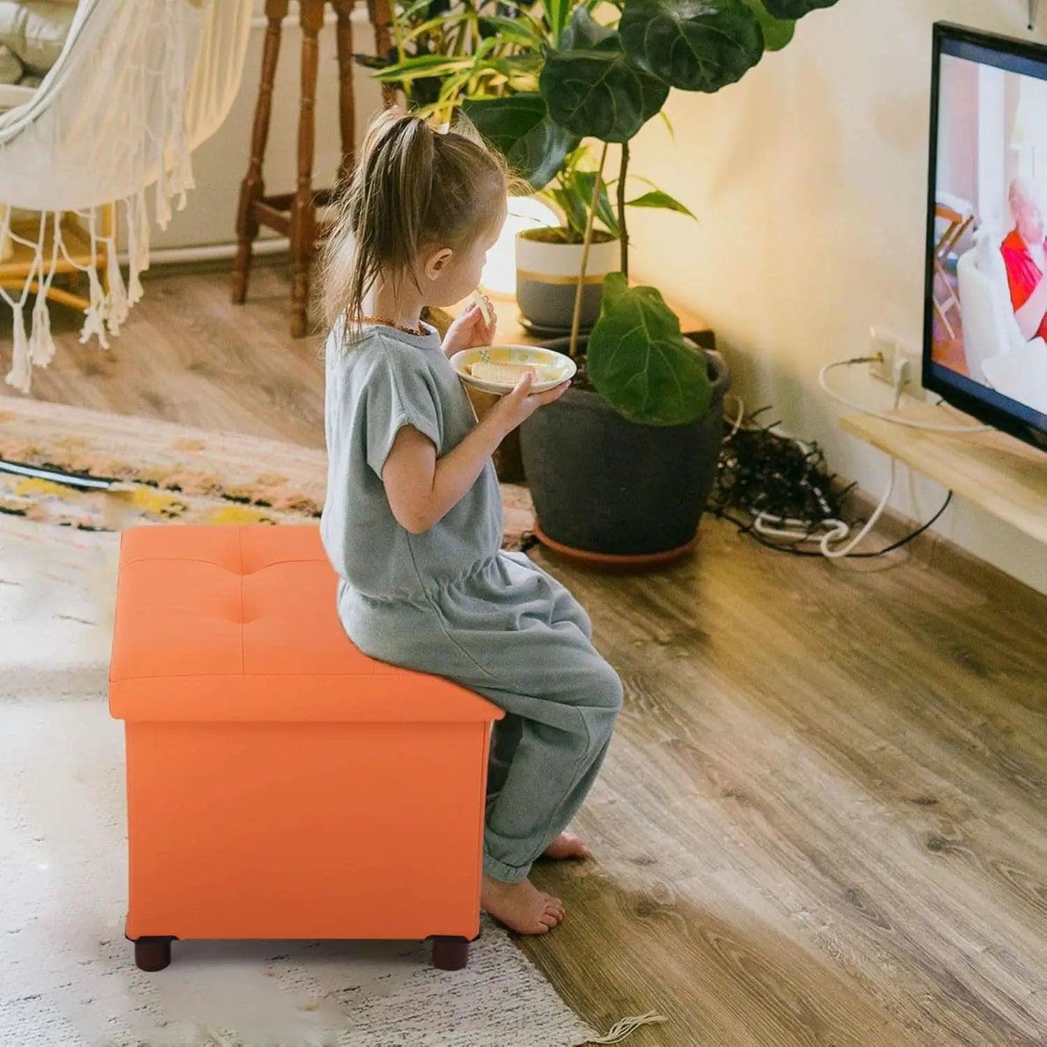 Orange Faux Leather Storage Ottoman With Wooden Tray from PriceLows™
