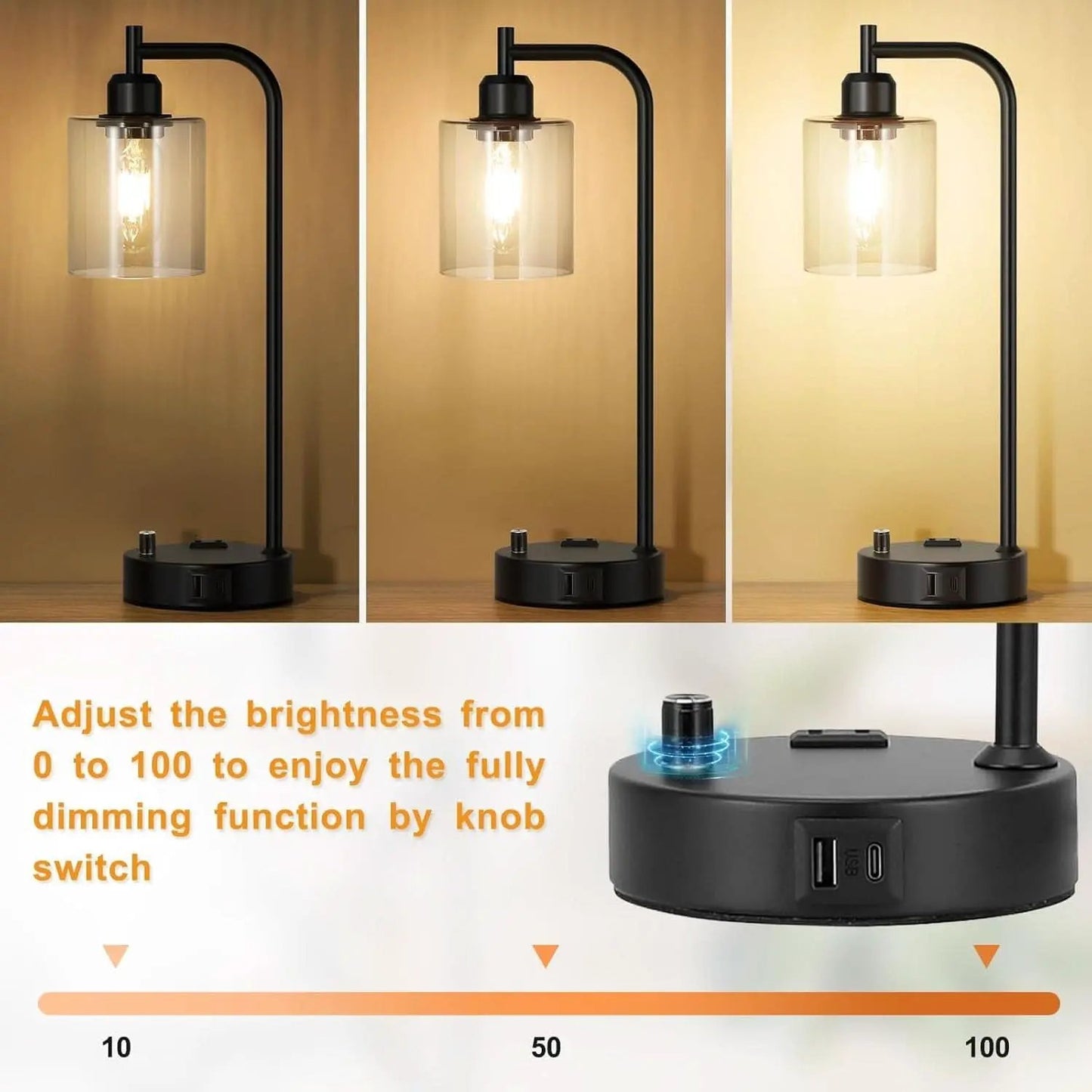 Industrial Nightstand Lamps Set of 2 Dimmable USB C Ports from PriceLows™